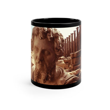 Septimius Severus in Leptis Magna black ceramic mug - Classical emperor bust with North African archaeological ruins in golden double exposure on premium black drinkware